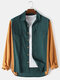 Mens Cotton Patchwork Casual Lapel Collar Long Sleeve Shirts - Green