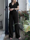 Women Solid Lapel Half Button Short Sleeve Casual Co-ords - Black
