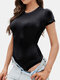 Solid O-neck Short Sleeve Form Fitted Bodysuit - Black