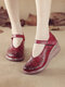 SOCOFY Leather Round Toe Cutout Breathable Platform Wedge Sneakers - Red