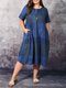 Plaid Print Plus Size Cotton Linen Dress with Pocket - Blue