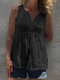 Solid Button Front Sleeveless V-neck Women Casual Tank Top - Black