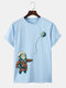 Mens Cartoon Astronaut Cat Print Crew Neck Short Sleeve T-Shirts - Blue