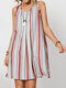 Striped Print O-Neck Sleeveless Casual Mini Dress With Pocket - Red