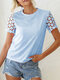 Solid Color Crochet Hollow Short Sleeve O-neck Women T-shirt - Blue
