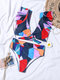 Women Colorful Geometry Print Flounce Sleeve Knot High Waist Bikini - Red