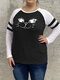 Plus Size Cat Print Striped Contrast Color O-neck Casual T-shirt - Black