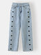 Heart Pattern Pocket Zip Front Straight Leg Denim Jeans - Blue