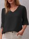 Swiss Dot Half Sleeve V-neck Blouse For Women - Black