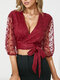 Lace Solid Tie V-neck 3/4 Sleeve Crop Top For Women - Wine Red