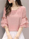 Plaid Knotted Patchwork Ruffle Sleeve Round Neck Blouse - Pink