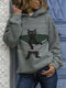 هودي مخطط كاجوال بأكمام طويلة وطبعة قطة سوداء للنساء - أخضر