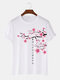 Mens Japanese Character Cherry Blossoms Print Crew Neck Short Sleeve T-Shirts Winter - White