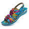 SOCOFY Genuine Leather Splicing Hand Painted Retro Floral Stitching Soft Buckle Strap Sandals - Blue