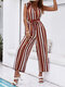 Stripe Print Belt V-neck Sleeveless Wide Leg Jumpsuit - Red