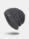 Men Knitted Acrylic Plus Velvet Solid Staircase Pattern Letter Label Warmth Casual Beanie Hat - Gray