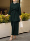 Solid Color Waistband Knotted Long Sleeve Casual Muslim Set for Women - Dark Green