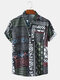 Mens Tribal Pattern Lapel Short Sleeve Shirt With Pocket - Black