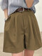 Pantalones cortos diarios de cintura alta y pierna ancha con pliegues sólidos - Caqui
