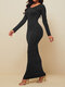 Solid Color O-neck Long Sleeve Hip Maxi Dress - Black