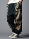 Masculino chinês Dragão estampado com cordão na cintura solta Calças inverno - Preto