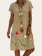 Vintage Print Short Sleeve V-neck Plus Size Dress - Yellow