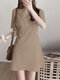 Solid Short Sleeve Invisible Zip V-neck A-line Dress - Khaki