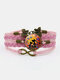 Vintage Printed Black Cat Flower Women Bracelet Multilayer Butterfly Pendant Bracelet - Pink