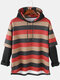 Mens Cotton Horizontal Stripes Patchwork Doctor Sleeves Split Hem Drawstring Hoodies - Red
