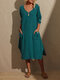 Solid Color V-neck Split Hem Long Sleeve Cotton Dress - Dark Green