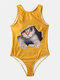 Plus Size Women Cute Cat Graphic High Neck Backless One Piece Slimming Swimsuit - Yellow