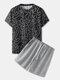 Mens Abstract Print Loose Light Short Sleeve Drawstring Shorts Suits - Black