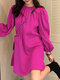 Solid Double Pocket Long Sleeve Crew Neck Casual Dress - Rose