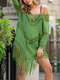 Women Crochet Tassel V-Neck Solid Color Pullover Cover Up Swimsuit - Army Green