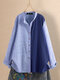 Striped Patchwork Stand Collar Button Plus Size Shirt - Blue