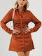 Women Solid Color Lapel Button Pleated Long Sleeve Sexy Dress - Orange