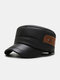 Men Lychee Pattern PU Solid Patchwork Rivet Decoration Built-in Ear Protection Warmth Windproof Military Cap Flat Cap - Black+Brown