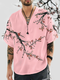 Mens Chinese Cherry Blossoms Print V-Neck Short Sleeve T-Shirts - Pink
