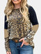 Leopard Patchwork Long Sleeve Casual T-Shirt For Women - Leopard