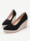 Women Casual Solid Color Hard-wearing Pointed Toe Wedges Heel Woven Espadrille Loafers Shoes - Black