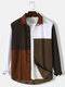 Mens Corduroy Colorblock Patchwork Button Up Casual Long Sleeve Shirts - Brown