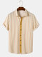 Mens Vertical Striped Lapel Casual Short Sleeve Shirts - Yellow