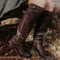 Large Size Women Retro Round Toe Buckle Strap Knee Length Riding Boots - Brown