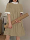 Contrast Color Loose Pleated Stand Collar Casual Dress - Khaki