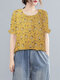 Ditsy Floral Ruffle Round Neck Short Sleeve Casual Blouse - Yellow