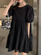 Solid Color O-neck Patchwork Puff Half Sleeve Casual Dress - Black