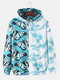 Mens Allover Butterfly Plant Print Patchwork Loose Pouch Pocket Drawstring Hoodies - Blue