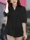 Lace Panel Solid Button Front Lapel Half Sleeve Shirt - Black
