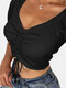Solid Color Short Sleeve V-neck Pleated Drawstring Crop Top For Women - Black