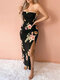 Tube Top High Slit Random Floral Print Sleeveless Dress - Black